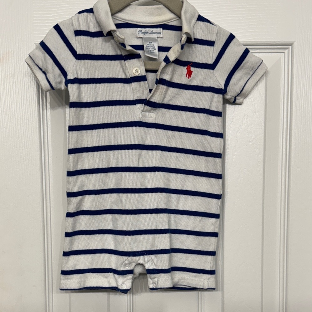 Polo by Ralph Lauren White & Navy Striped Baby Polo Romper with Red Pony
